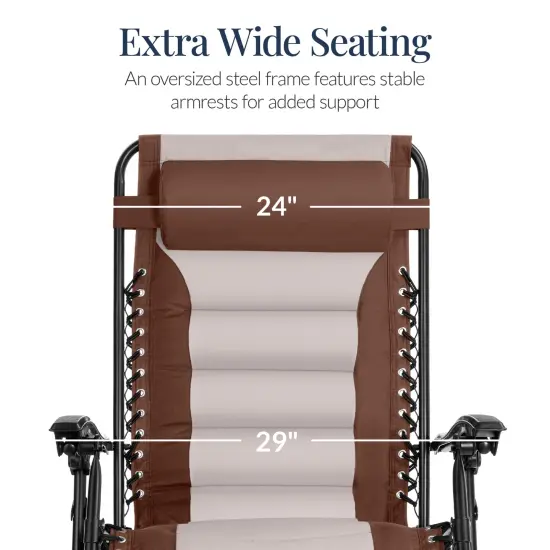 Best Choice Products Oversized Padded Zero Gravity Chair, Folding Outdoor Patio Recliner w/ Side Tray Brown/Oyster {3}