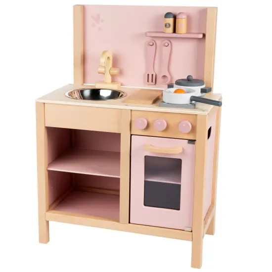 Label Label: Wooden Kitchen Play Set - Pink - Standing Appliance Toy, Cooking & Food Accessories, Storage-Oven-Sink, Pretend Play Station, Kids Age 3+ {1}