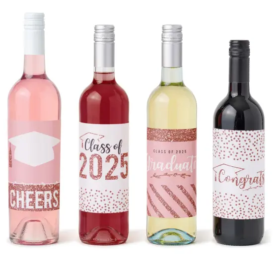 Big Dot of Happiness Rose Gold Grad - 2025 Graduation Party Decorations for Women and Men - Wine Bottle Label Stickers - Set of 4 {1}