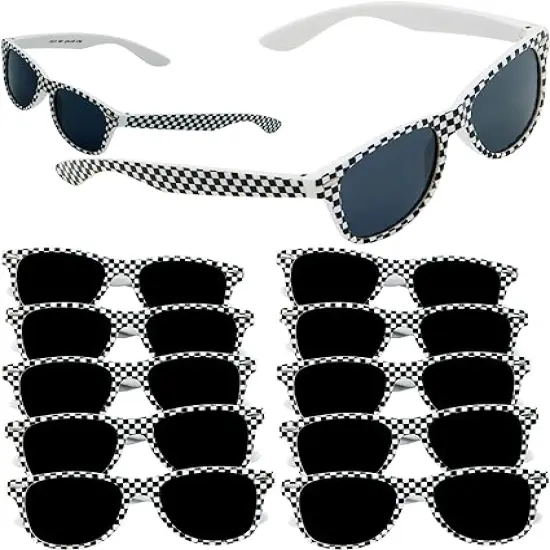 4E's Novelty 12 Pack Kids Race Car Checkered Sunglasses Bulk with UV400 Protection - Ideal for Race Car Theme Birthday Decor {1}