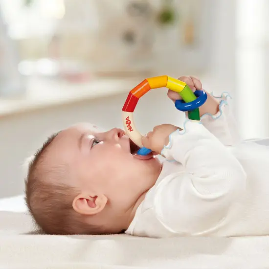 HABA Wooden Rainbow Teething Rattle Toy for Babies 0-18 Months - Kringlering Wood Grasping Toy with Plastic Rings - Sensory Toys for Babies Multicolor {4}