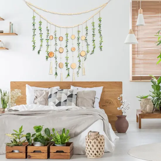 Hanging Eucalyptus Boho Wall Decor 36 x 36 Boho Wall Hanging Wooden Bead Garland {4}