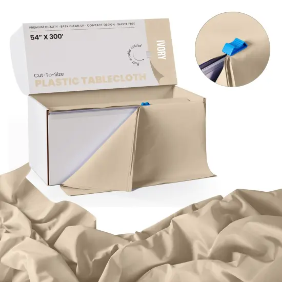  Party Solids 54" x 300' Plastic Table Cover Roll with Slide Cutter &ndash; Cut-to-Size Dispenser Box &ndash; Makes Up to 36 Disposable 8' Rectangle Tablecloths by Exquisite Ivory {2}