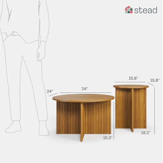 Stead Round Fluted Nesting Coffee Tables, 2 Piece Coffee Table Set, Modern Coffee Table for Living Room, Modern Home Decor, Solid Wood Base and Wood Grain Veneer Top (Medium Oak) {2}