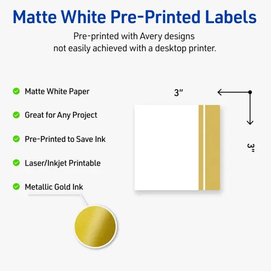Avery Printable Square Labels, Gold Double-Dipped Edge, 3" x 3", Matte White Square Labels, Permanent, Laser/Inkjet, 60ct, Great for Product Labels {2}