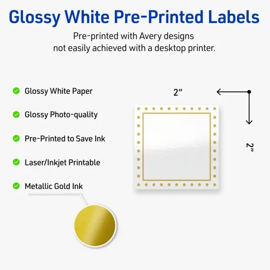 Avery Printable Square Labels, Gold Border with Gold Dots, 2" x 2", Glossy White Square Labels, Permanent, Laser/Inkjet, 120ct, Great for Product Labels {2}