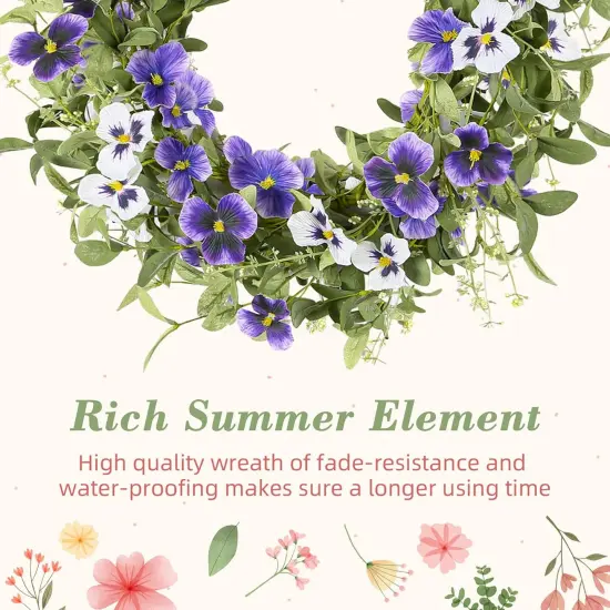Spring Floral Wreaths for Front Door Summer Wreath with Purple Pansy Flowers Green Eucalyptus Leaves {5}
