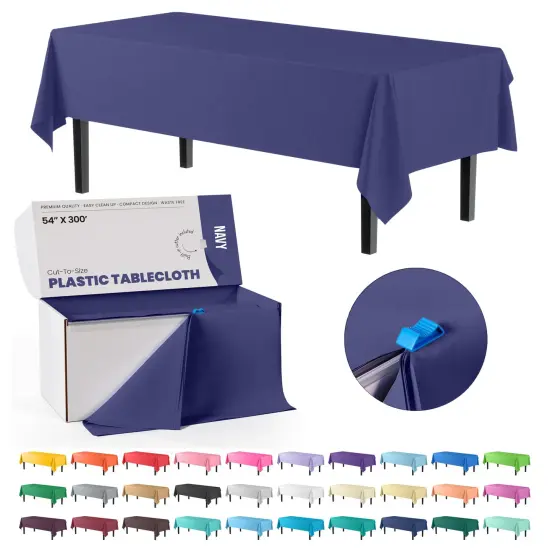  Party Solids 54" x 300' Plastic Table Cover Roll with Slide Cutter &ndash; Cut-to-Size Dispenser Box &ndash; Makes Up to 36 Disposable 8' Rectangle Tablecloths by Exquisite Navy {1}