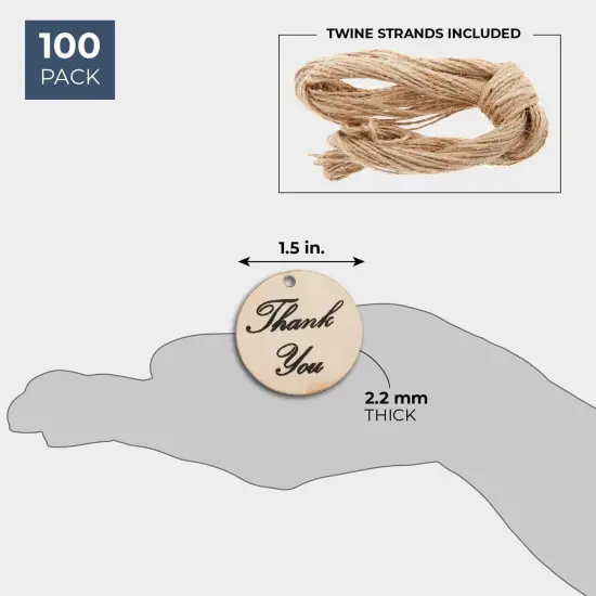 100-Pack Thank You Wood Tags with Twine for Wedding and Baby Shower themed Party Favors, 1.5 Inches Brown {4}