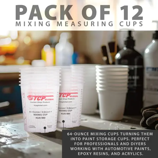 Paint Mixing Cups, 64-Ounce (12 Pack) - Plastic Measuring Cups for Liquids, Automotive Painting, Epoxy Resin, Acrylic Arts, Crafts, Disposable or Reusable, Graduated, Mixing Ratios {5}