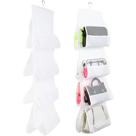 2-Pack Fabric Mesh 8-Pocket Hanging Handbag Purse Storage Organizer for Closet, White 48"x13.8" {1}