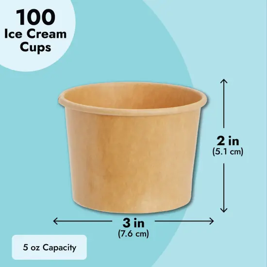 100 Pack Disposable Paper Ice Cream Cups, Dessert Bowls for Sundae Bar, Frozen Yogurt (Brown, 5 oz) {4}