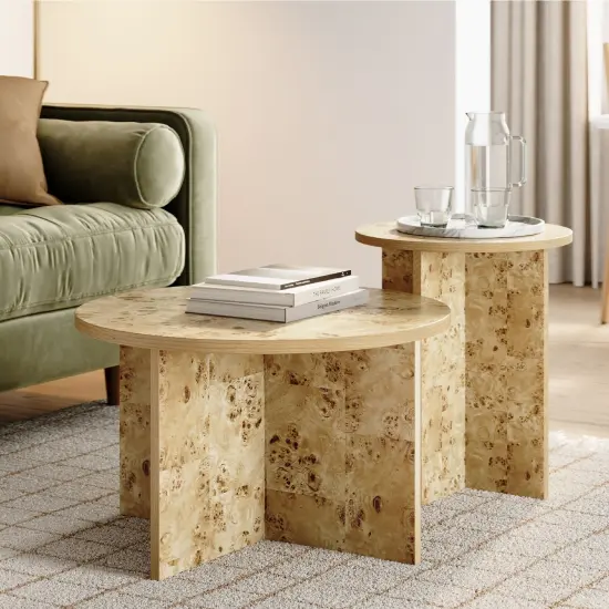 Burl Wood Round Nesting Coffee Tables - Modern Living Room Furniture - Organic Modern Drink Desk - Stylish Home Decor - 2 Piece Tables Set - Burl Top and Base {1}