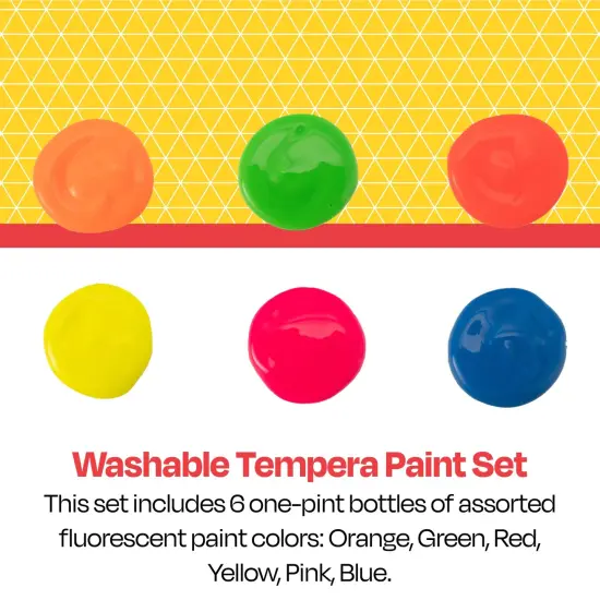 School Smart Washable Tempera Paints, 1 Pint Bottles, Assorted Neon Fluorescent Colors, Set of 6 {6}