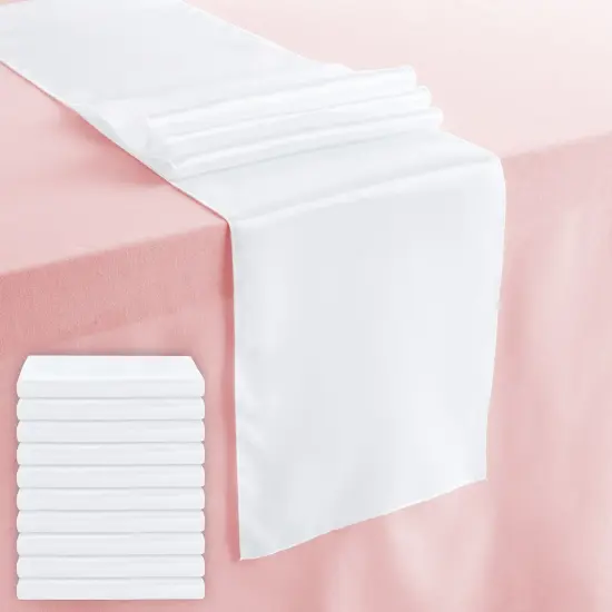 10-Pack White Satin Table Runners for Rectangular and Round Tables, Weddings, Baby Showers, Birthday Parties, Banquets, Events Decorations (White, 108.2x11.8 in) {1}