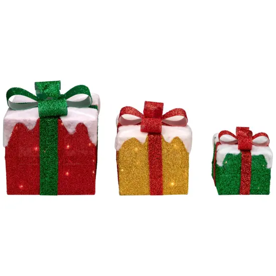 Northlight Set of 3 LED Lighted Green, Gold and Red Snowy Gift Boxes Outdoor Christmas Decorations {5}