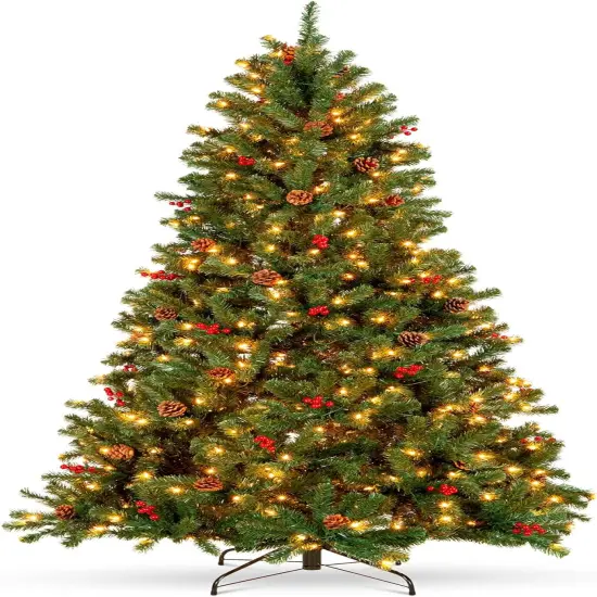 Decorated Christmas Tree Hinged Spruce with Pinecones, Berries, 250 Lights & Metal Base {1}