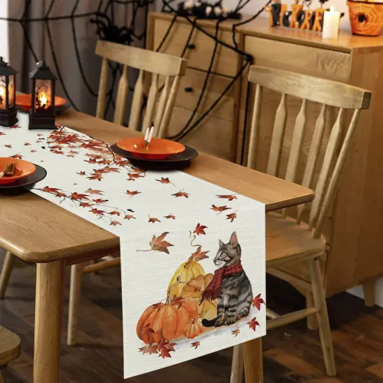 Fall Table Runner Pumpkins Cat Maple Leaf Autumn Harvest Seasonal Thanksgiving Decorations for Home Kitchen Dining Room Party Decor 13 x 90 Inch {3}