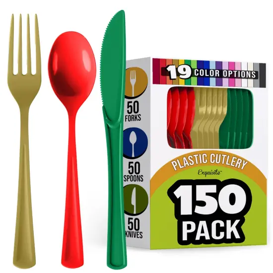 Exquisite Polished Plastic Silverware &ndash; 150 Pcs Heavy Duty Cutlery Set &ndash; 50 Each of Forks, Knives & Spoons &ndash; Disposable Utensil Set for Parties, Events & Catering &ndash; Flatware Set by Party Solids Christmas {1}