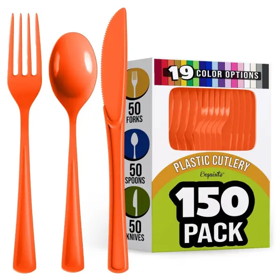 Exquisite Polished Plastic Silverware &ndash; 150 Pcs Heavy Duty Cutlery Set &ndash; 50 Each of Forks, Knives & Spoons &ndash; Disposable Utensil Set for Parties, Events & Catering &ndash; Flatware Set by Party Solids Orange {1}