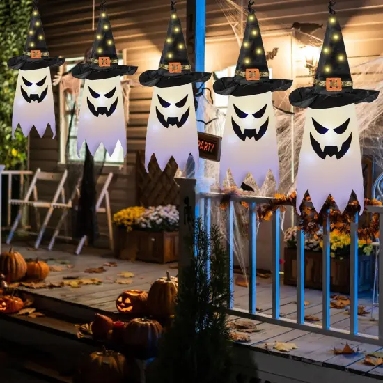 5 PCS Hanging Lighted Glowing Ghost Witch Hat {3}