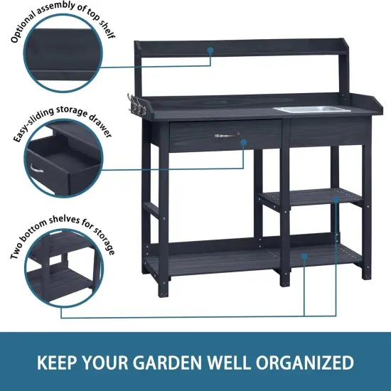 Grey Solid Wood Outdoor Potting Bench with Sink, Drawer and Hooks {5}