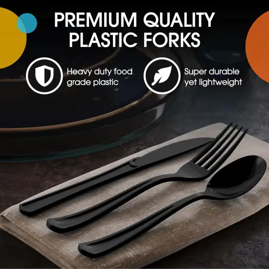 Exquisite Polished Plastic Silverware &ndash; 150 Pcs Heavy Duty Cutlery Set &ndash; 50 Each of Forks, Knives & Spoons &ndash; Disposable Utensil Set for Parties, Events & Catering &ndash; Flatware Set by Party Solids Black {4}