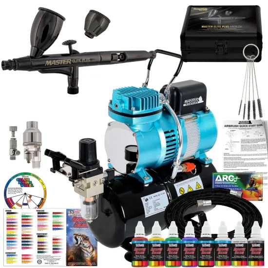 Cool Runner II Dual Fan Air Storage Tank Compressor System Kit, Master Elite Plus Elite Performance Airbrush Set, 6 Color Acrylic Paints {1}