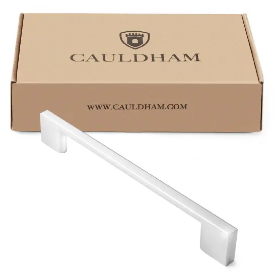 Cauldham Solid Kitchen Cabinet Pulls Handles (6-5/16" Hole Centers) - Modern Thin Profile Drawer/Door Hardware - Style M255 - Polished Chrome {4}