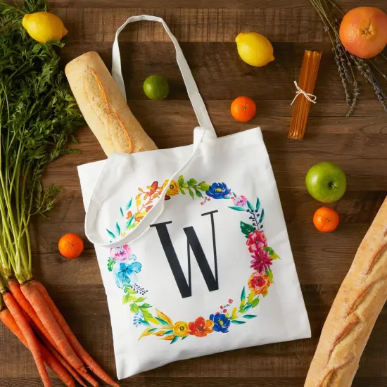 Set of 2 Reusable Monogram Letter W Personalized Canvas Tote Bags for Women, Floral Design (29 Inches) White {2}