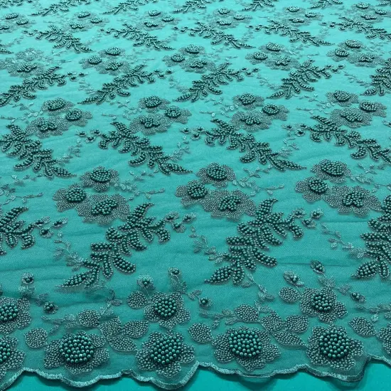 1 Yard Jade Beaded Lace Fabric with Pearls Embroidered on 100% Polyester Net Mesh 52" Width {1}