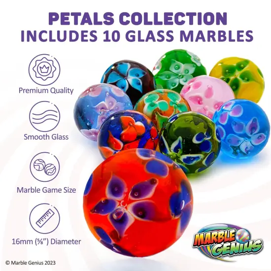 Marble Genius Collectors Marbles, Petals Design, 16mm (⅝ Inch), 10 Handmade Glass Marbles, Gifts for Marble Lovers, Gifts for Kids Ages 3-14 {3}