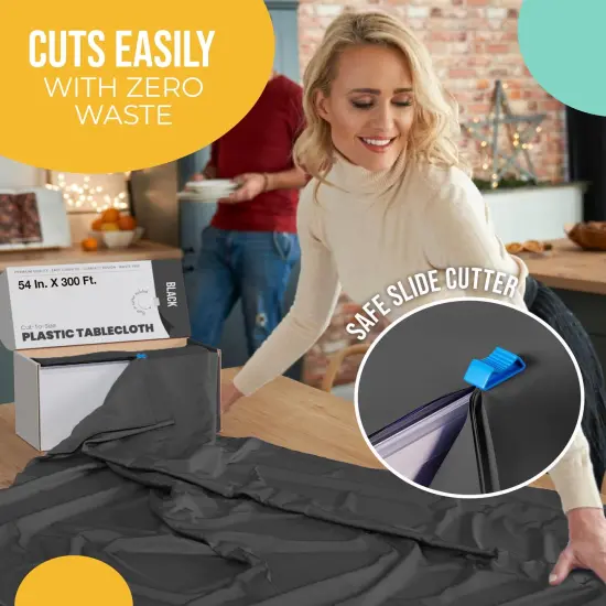  Party Solids 54" x 300' Plastic Table Cover Roll with Slide Cutter &ndash; Cut-to-Size Dispenser Box &ndash; Makes Up to 36 Disposable 8' Rectangle Tablecloths by Exquisite Black {4}