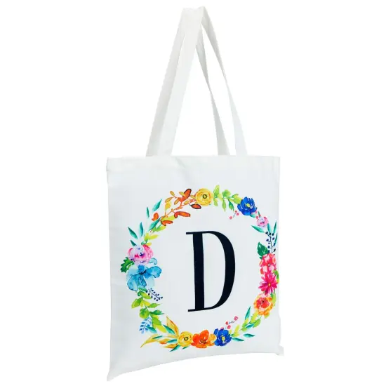 Set of 2 Reusable Monogram Letter D Personalized Canvas Tote Bags for Women, Floral Design (29 Inches) White {6}
