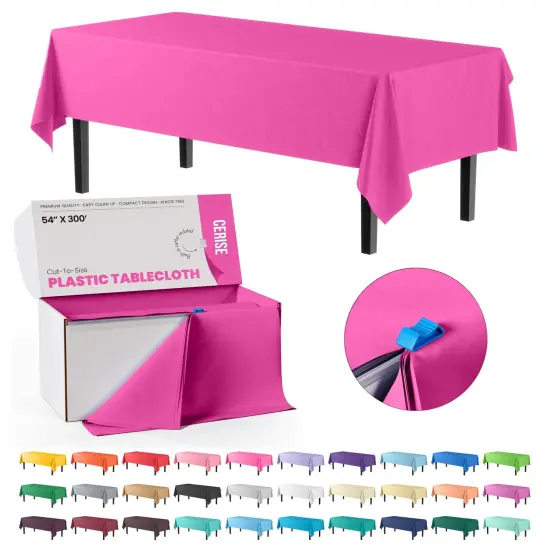  Party Solids 54" x 300' Plastic Table Cover Roll with Slide Cutter &ndash; Cut-to-Size Dispenser Box &ndash; Makes Up to 36 Disposable 8' Rectangle Tablecloths by Exquisite Hot Pink {1}