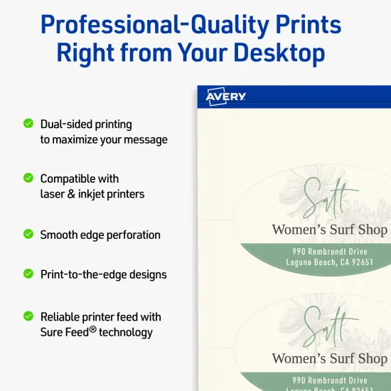 Avery Printable Oval Business Cards, Sure Feed Technology, 2" x 3-1/2", Matte Ivory Cardstock, Print-to-The-Edge, Laser/Inkjet Printable, 80 Total {8}