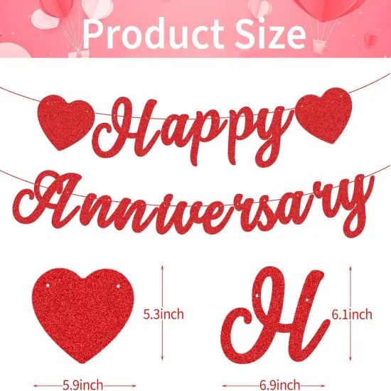 Red Glitter Happy Anniversary Banner - Pre-Strung Cardboard Letter Sign {2}