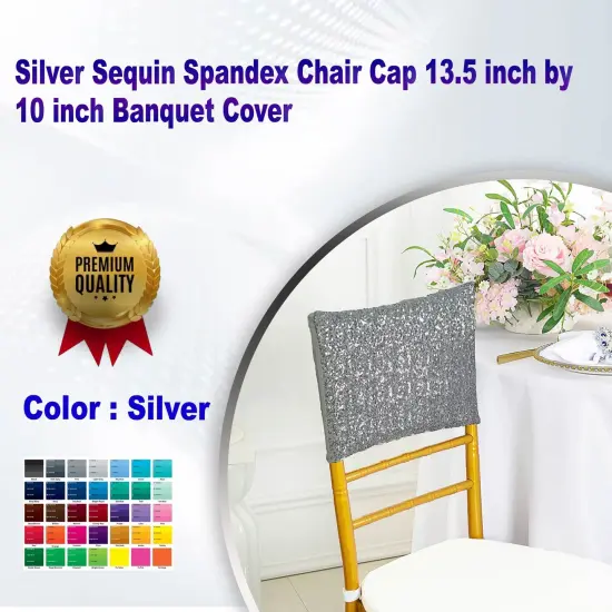 1 Piece Silver Sequin Spandex Chair Cap 13.5 inch by 10 inch Banquet Cover {1}