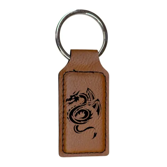 Keychain - Rectangle - Flying Dragon - Leather Black/Silver {7}