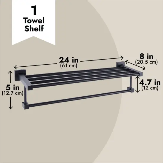 Matte Black Towel Shelf with Bar, 24 Inch Wall Mounted Rack for Bathroom {3}