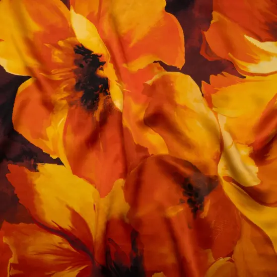 1 Yard Silk Charmeuse Print Italian Dark Orange, Golden Yellow & Russet Brown Painterly Floral 53" Inches Wide {1}