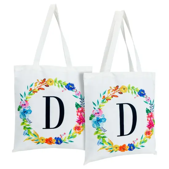 Set of 2 Reusable Monogram Letter D Personalized Canvas Tote Bags for Women, Floral Design (29 Inches) White {1}