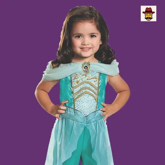 Girls Classic Jasmine Costume Teal Sheer Pantsuit Gold Detailing Disney Princess {3}