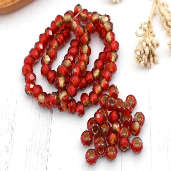 *25* 5x8mm Gold Lined Ruby Red Faceted Large Hole Rondelle Roller Beads {3}