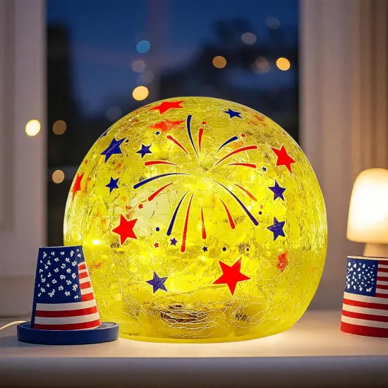 4th of July Decorations - Crackle Glass Ball Light with Timer - Red White Blue LED Tabletop Decor {1}