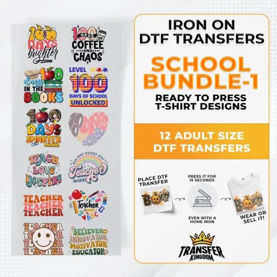 School Bundle Iron on DTF Transfer Bundle 1 - 12 Best Seller Ready To Press T-shirt Designs {1}