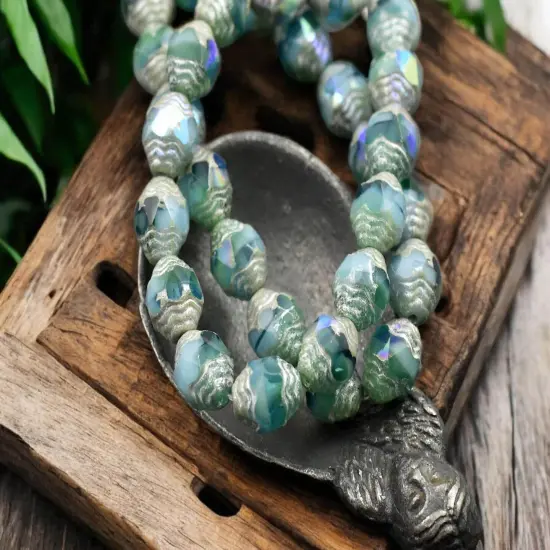 *15* 6x8mm Antique Silver AB Washed Blended Green & Blue Oval Cathedral Beads {1}
