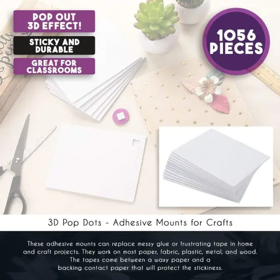 12 Pack Small White Adhesive Foam Squares 3D Effect for DIY Crafts, Decoration, Greeting Cards, Scrapbooking, Dual-Adhesive Mounts, Backing Dots (0.4 In, 1056 Pieces) {6}