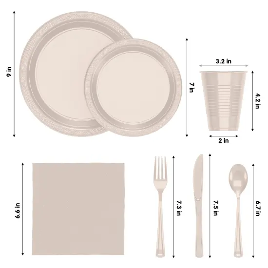 Exquisite 350 Pcs Plastic Plates for Party &ndash; Disposable Plates Set &ndash; 50 Each of 9" Dinner Plates, 7" Dessert Plates, Plastic Cups, Napkins & Plastic Cutlery &ndash; Plastic Dinnerware by Party Solids Ivory {2}