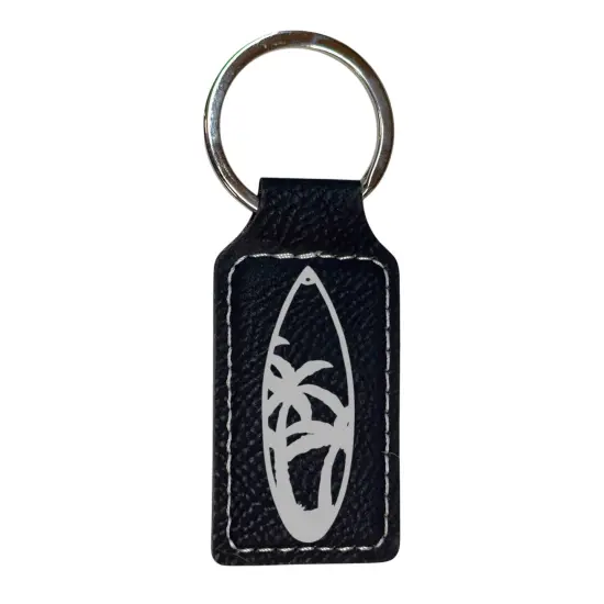 Keychain - Rectangle - Palm Tree Surfboard - Leather Black/Silver {1}